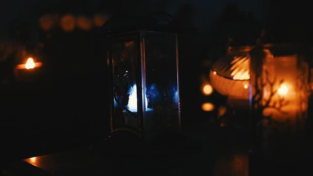 Halloween At The Cemetery Late In The Evening With Lamps