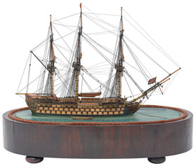 PNG Detailed Vintage Wooden Three Mast Sailing Ship Model with Decorative Oval Display Base and Nautical Craftsmanship Isolated PNG Transparent Background .PNG Ship Model © loknathbaba
