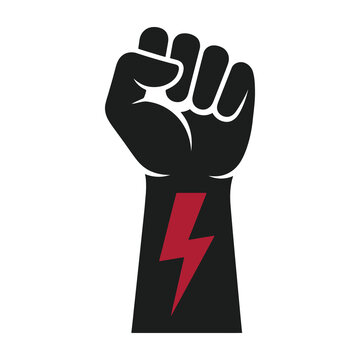 Raised fist with red lightning bolt symbol on black background