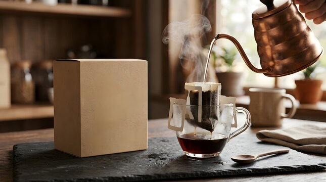 Copper gooseneck kettle pouring hot water into drip bag coffee mug on stone table surface.