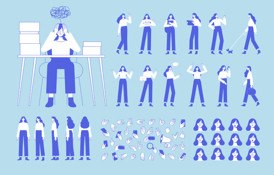 Female animation character turnaround with front, side and back views. Flat vector woman character sheet for animation, motion design and character creation.