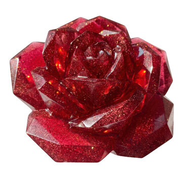 A sparkling red resin rose sculpture with geometric facets isolated on transparent background