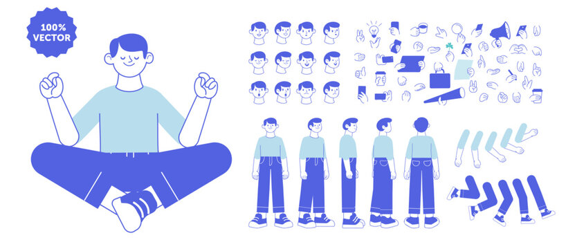 Meditating male animation character sitting cross-legged with hand gestures, facial expressions and body views. Cartoon vector character constructor kit isolated on white.