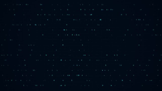 Futuristic digital data background with flickering blue binary code, abstract technology motion graphics of glowing cyber numbers, dark high-tech matrix grid for software development.
