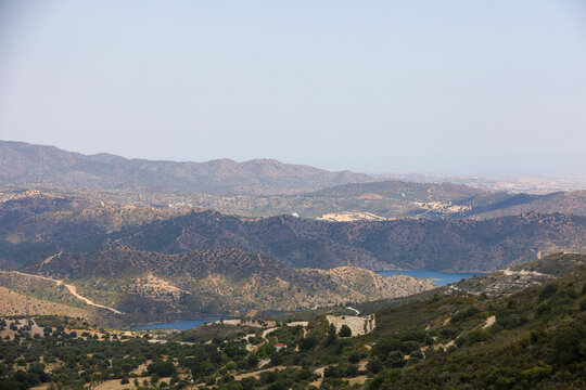 An panoramic view of the rolling hills and mountain ranges of the Troodos foothills on the island of Cyprus. For themes of nature, ecology, forestry, environment, and wildlife