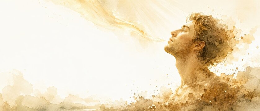  Creation of Adam from the dust. Breath of life. Rosh Hashanah 5787 Jewish New Year spiritual concept. Ethereal watercolor banner with copy space