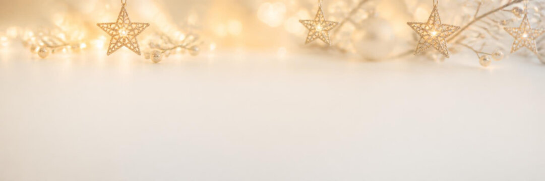 Christmas background with golden star ornaments, fairy lights, and decorative branches on a soft, blurred, lighttoned surface, perfect for holiday greeting cards and festive designs