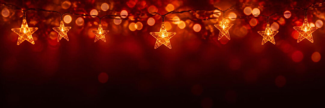 Festive christmas background with glowing golden starshaped fairy lights hanging against a dark red bokeh backdrop, perfect for holiday greeting cards and seasonal celebration designs