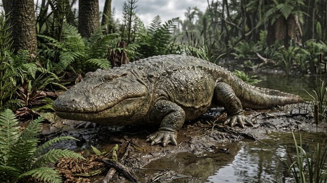 Prehistoric giant amphibian in a misty jungle swamp landscape