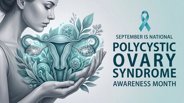 Polycystic Ovary Syndrome Awareness Month banner, woman holding anatomical uterus with floral elements, PCOS health campaign