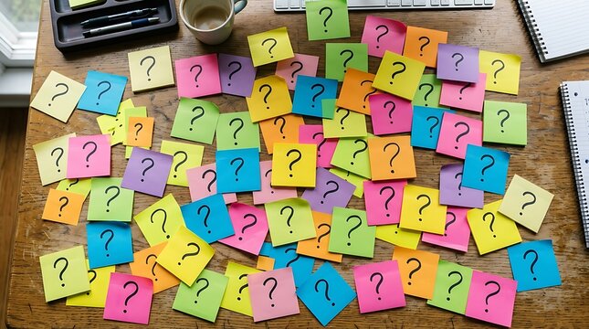 Many colorful sticky notes with question marks scattered on a wooden office desk with supplies