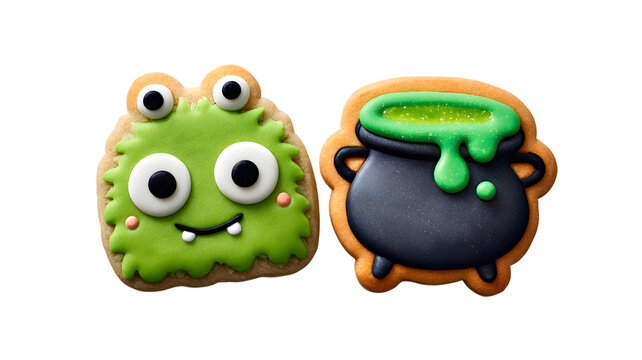 Cute monster and cauldron cookies for Halloween celebration