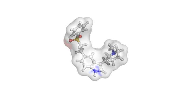 Eletriptan (Relpax), second-generation triptan and selective serotonin 5-HT1B/1D receptor agonist used to treat acute migraine headaches, 3D molecule 4K