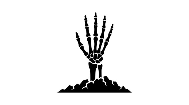 Human skeleton hand emerging from cracked earth depicted in bold black graphic vector style design