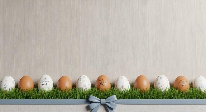 Easter eggs arranged in fresh green grass with a gray ribbon bow on a light wooden background, creating a clean spring border with copy space for greeting cards, banners, invitations and holiday desig