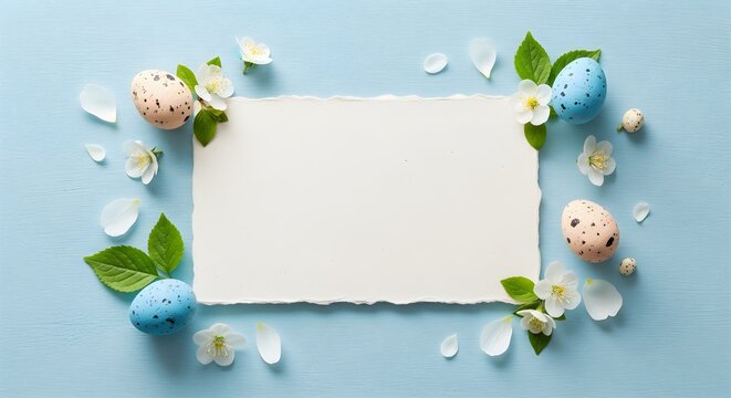 Easter flat lay card mockup with pastel eggs, green leaves and delicate flowers on a light blue wooden background, ideal for greeting cards, invitations, banners, promotions and seasonal designs.