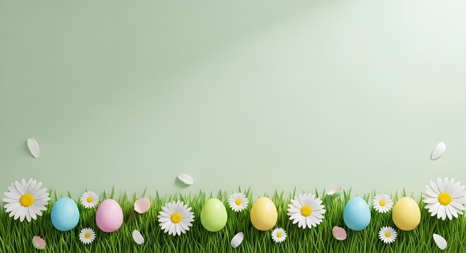 Pastel Easter eggs and white daisies arranged in fresh green grass on a soft green background with copy space, ideal for greeting cards, banners, invitations, posters and cheerful spring holiday desig