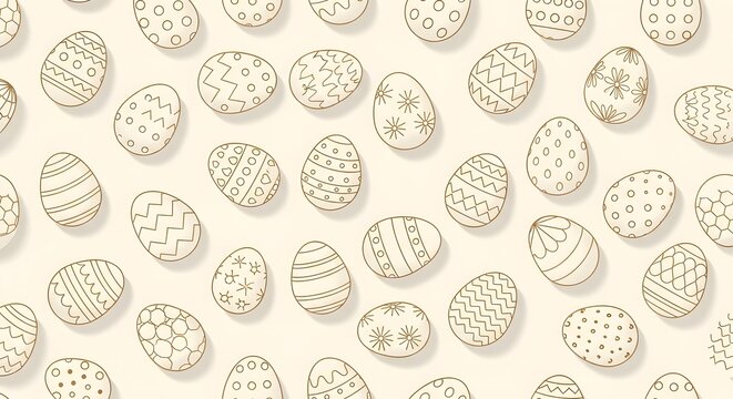Vintage Easter egg seamless pattern with hand drawn decorated eggs in soft beige tones on a cream background, ideal for wallpaper, fabric, wrapping paper, packaging, cards and spring holiday designs.