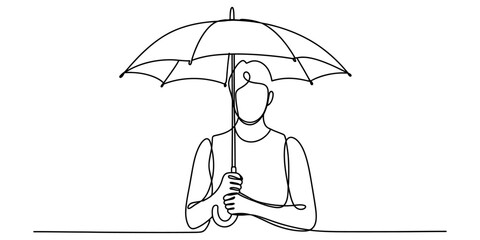 Continuous single line drawing of a person holding an umbrella for protection from rain or sun Vector, illustration © BipulChandra