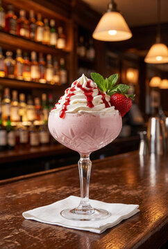 A decadent strawberry milkshake served in an elegant crystal glass, topped with whipped cream, red syrup, and fresh mint, on a wooden bar counter with a cozy blurred background of bottles and warm lig