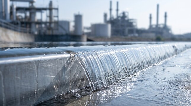 Clean water flowing over metallic weir in industrial treatment plant