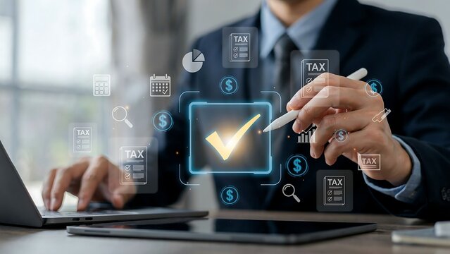 Modern business concept of successful tax compliance and digital financial management with a checkmark icon and virtual interface