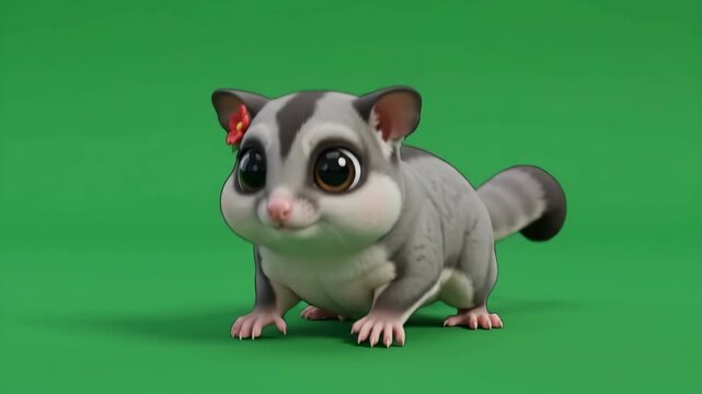 Cute 3D rendered sugar glider on a green screen, adorable small marsupial with big eyes.