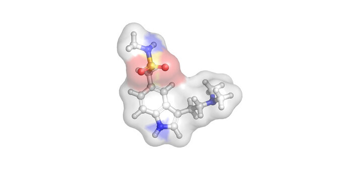 Sumatriptan (Imitrex), medication used for the acute treatment of migraine and cluster headaches, 3D molecule 4K