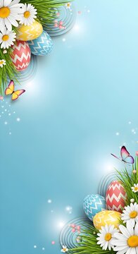 Easter floral border with colorful eggs, white daisies, butterflies and spring greenery on bright blue background, ideal for greeting cards, invitations, banners, posters and seasonal designs.