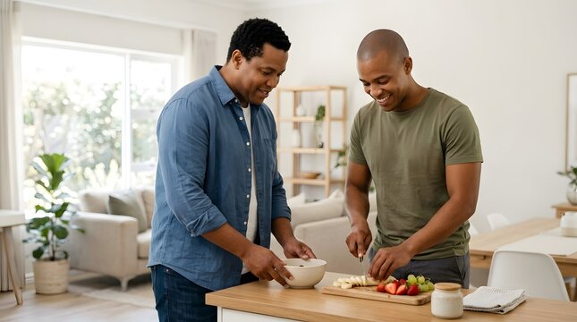 Gay couple, cooking and breakfast in kitchen with fruit, healthy lifestyle and domestic routine at home. Men, partners and cutting food in apartment with wellness, love and happy relationship talk