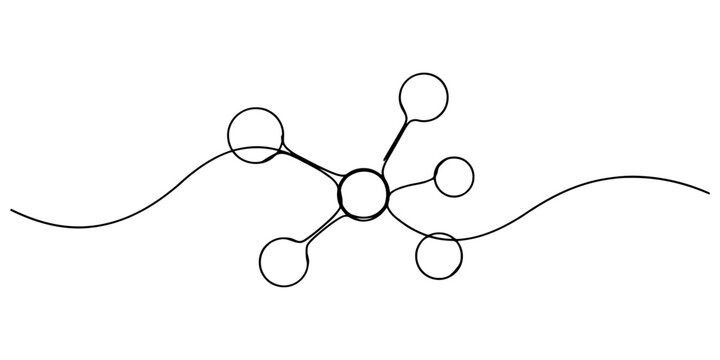 Minimalist hand drawn line art illustration of a central circle connected to smaller circles and wavy lines Vector, illustration