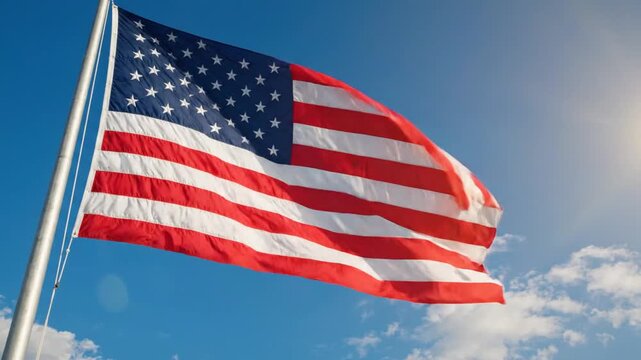 American flag waving in the wind against a blue sky with clouds