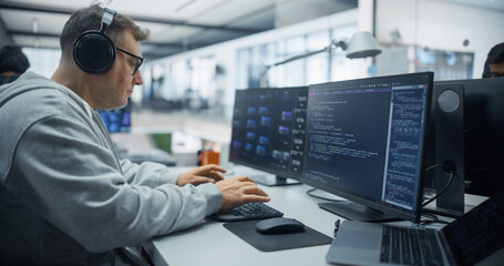 Fototapeta premium Portrait of a Concentrated Caucasian Male Programmer Wearing Headphones and Listening to Music While Typing Software Code on Dual Computer Monitors and a Laptop in a Diverse Office of Engineers.
