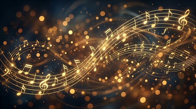 Golden music notes on a wavy musical staff with glowing bokeh particles on a dark background