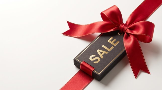 Red Ribbon SALE Tag with Elegant Bow and Premium Shopping Promotion Background