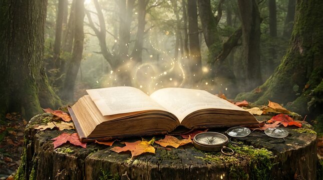 Open magical book with glowing light on an old tree stump in a misty forest with autumn leaves and vintage compass