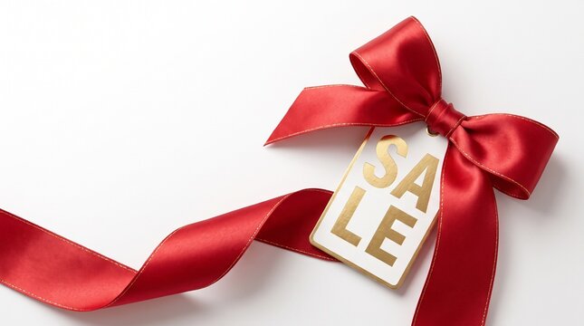 Red Ribbon SALE Tag with Elegant Bow and Premium Shopping Promotion Background