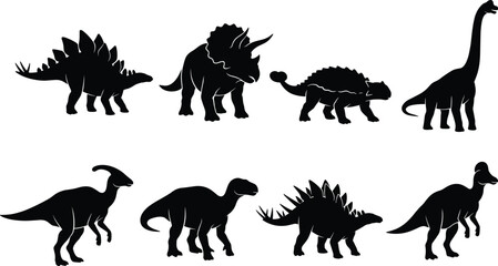 Dinosaur Silhouettes Featuring Stegosaurus, Triceratops, Ankylosaurus, Brachiosaurus, Parasaurolophus and Tyrannosaurus for Prehistoric Design © Rubina