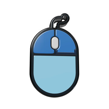 3D rendered blue computer mouse with scroll wheel and cord, down view of peripheral hardware for desktop computing isolated on a transparent background