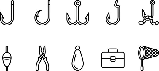 Fishing hooks tackle equipment accessories icon set vector illustration for outdoor sports website branding application marketing materials editable outline flat minimal presentation artwork © Sariful
