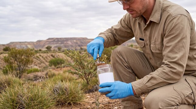 Geologist Collecting Soil Sample in Arid Field near Mining Site