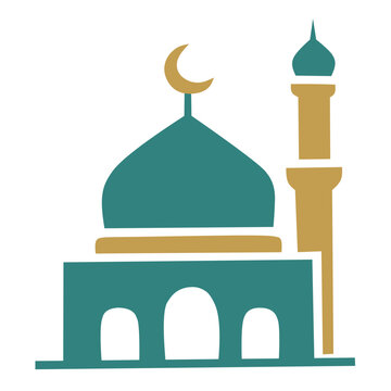 Mosque building with minaret and crescent moon vector illustration isolated on white. Islamic architecture for Ramadan concept