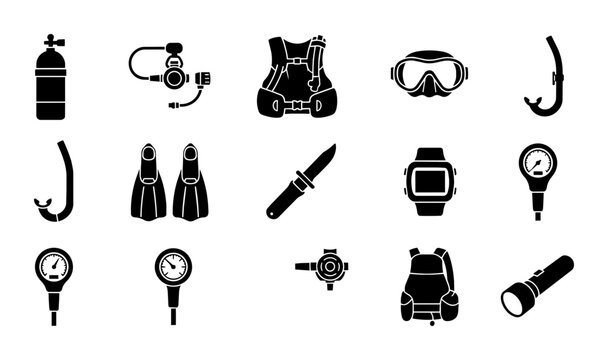 Scuba Diving Equipment Icons Set, Underwater Adventure Gear Collection, Vector Symbols for Marine Exploration and Water Sports