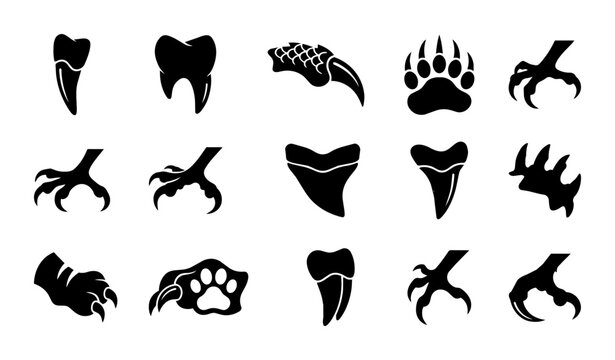 Wild Animal Claws, Teeth, and Paw Prints Vector Icons Set: Fierce Predator Symbols for Wildlife and Nature Designs