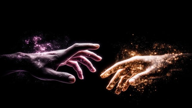 Two glowing hands reaching through digital particles