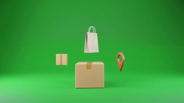 3D ecommerce delivery package animation on green screen for online retail, logistics marketing, website banners, commercial advertising, and business presentations.