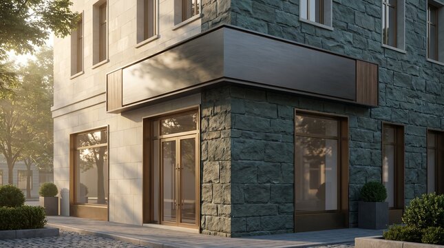Blank corner signboard on luxury stone boutique storefront facade