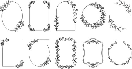 Fototapeta premium Set of floral frames and wreaths with flowers and leaves