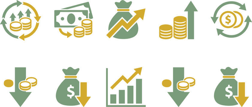 Financial Growth and Revenue Decrease Flat Vector Icon Set with Money Bags Cash Currency Graphs and Arrow Symbols for Business Budgeting Solutions