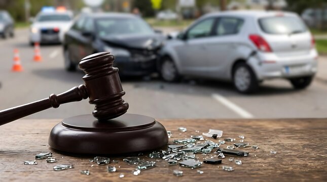 Wooden judge gavel with broken glass on a table with a blurred car accident in the background